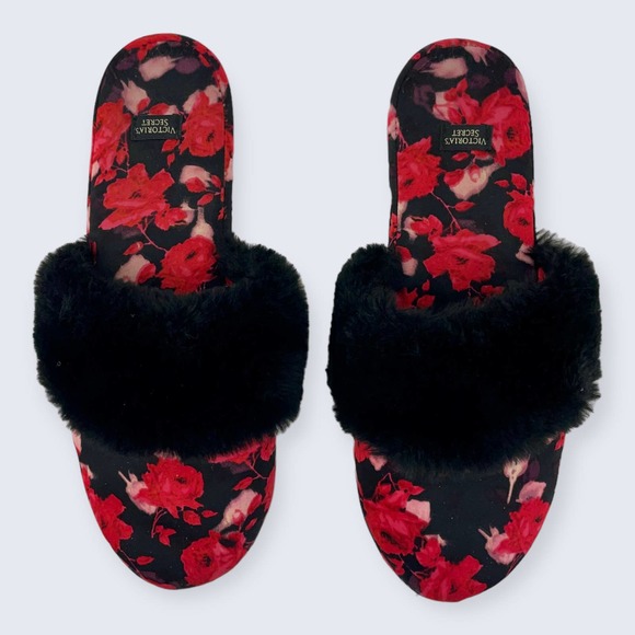 Victoria’s Secret Red Black Floral Rose Black Faux Fur Closed Toe Slipper M - Picture 3 of 8